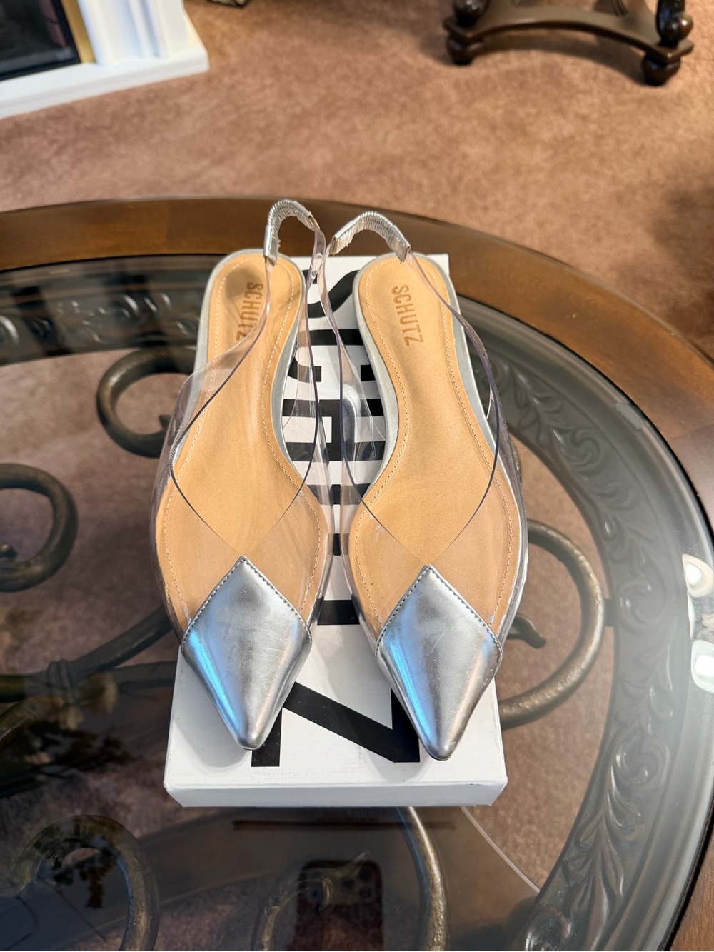 NWOT SCHUTZ Silver Pointed Slingback Mules